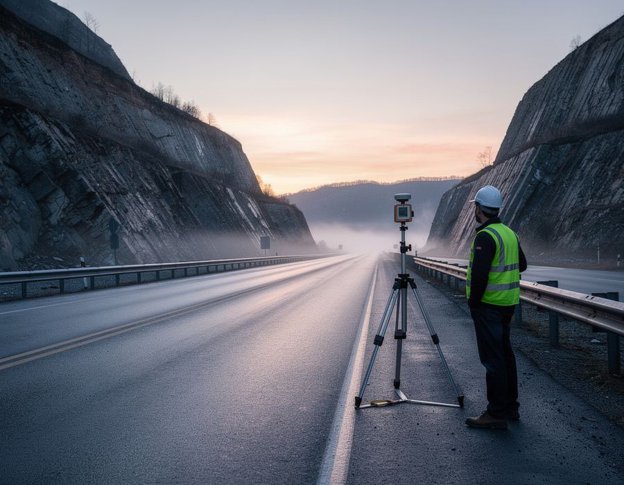 Surveyor with a GNSS rover at dawn